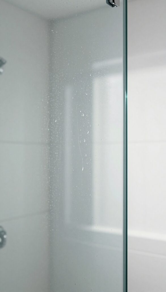 Water beading on a clean glass shower door after applying Rain-X or car wax for water repellency