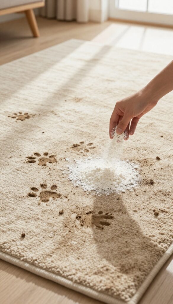 Close-up of hand sprinkling cornstarch on muddy rug with pet paw prints