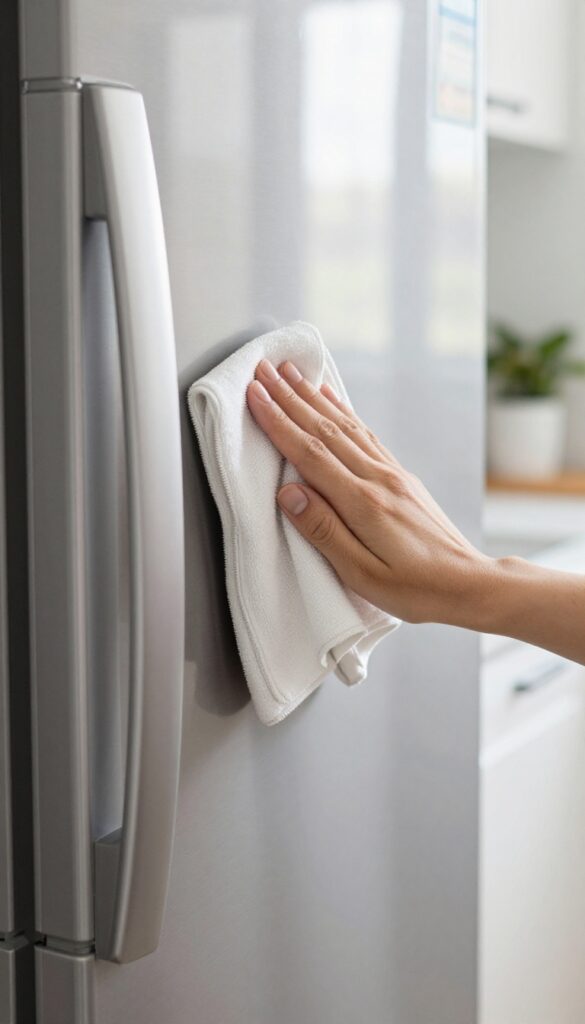 Hand wiping a stainless steel refrigerator front with a microfiber cloth in a bright clean kitchen