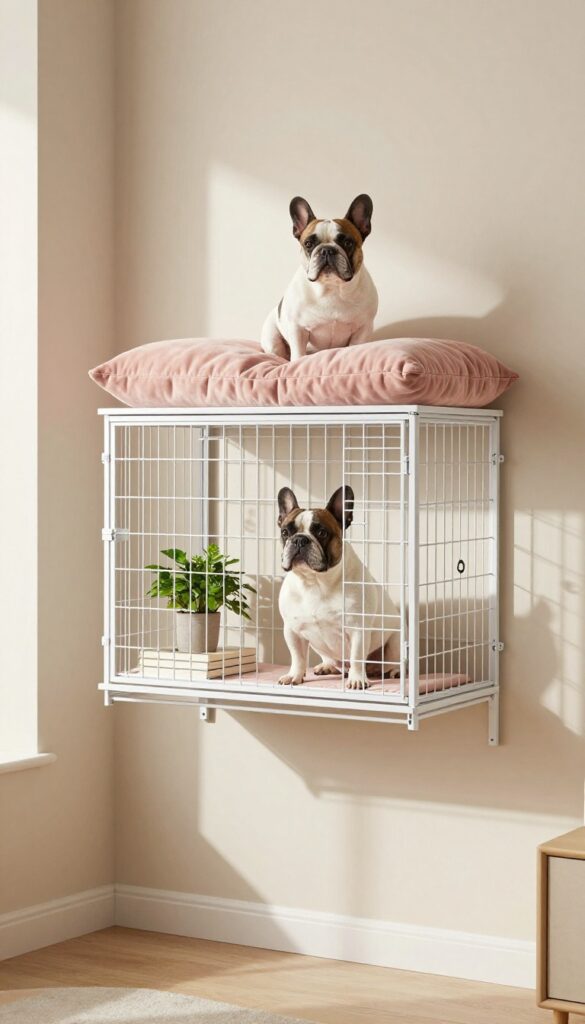 Wall-mounted dog crate styled as a floating shelf with a plush cushion, small dog, plant, and books in a bright living room