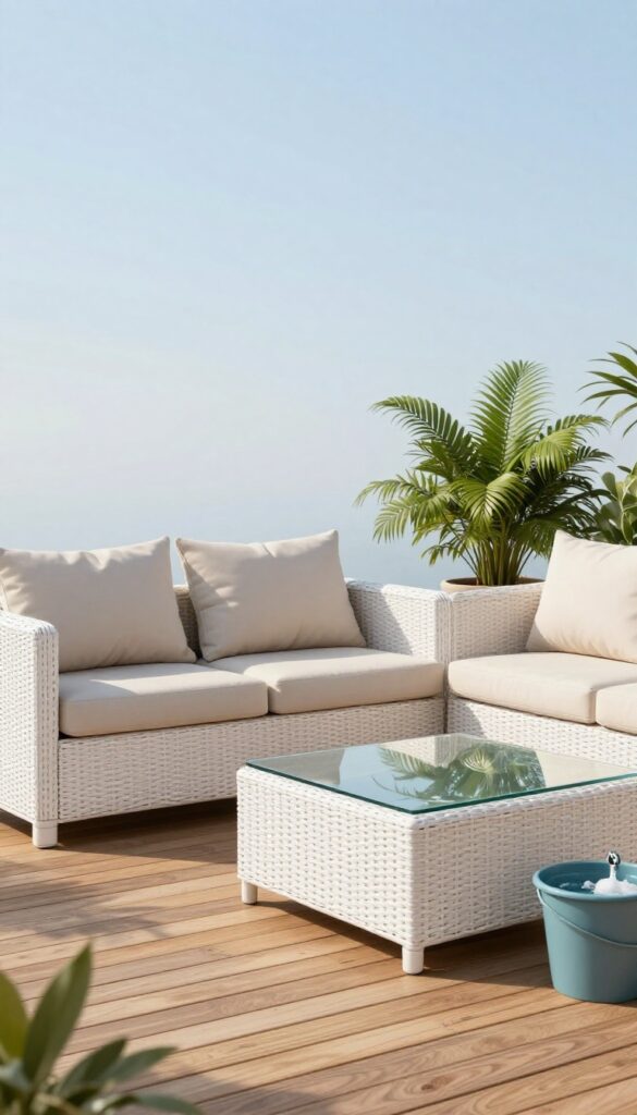A clean and inviting outdoor patio with white wicker furniture, potted plants, and cleaning supplies on a sunny June morning.