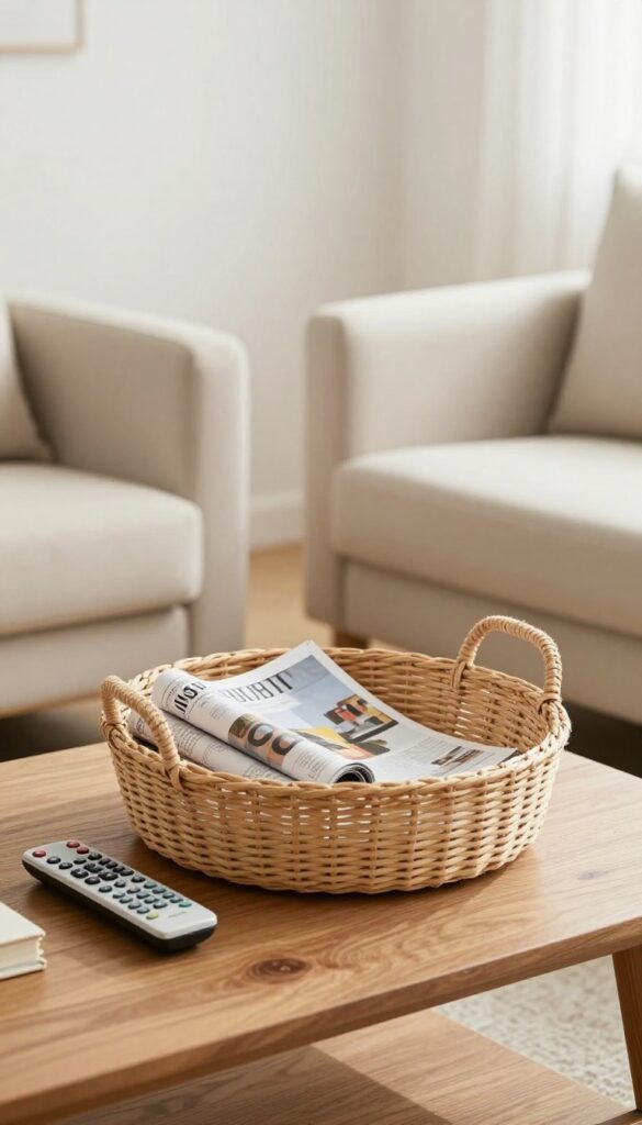 Woven basket on coffee table holding magazines and remote control in bright living room