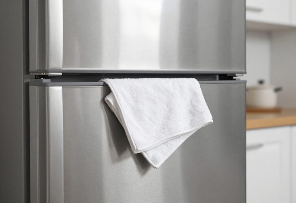 Clean stainless steel refrigerator with a microfiber cloth on top