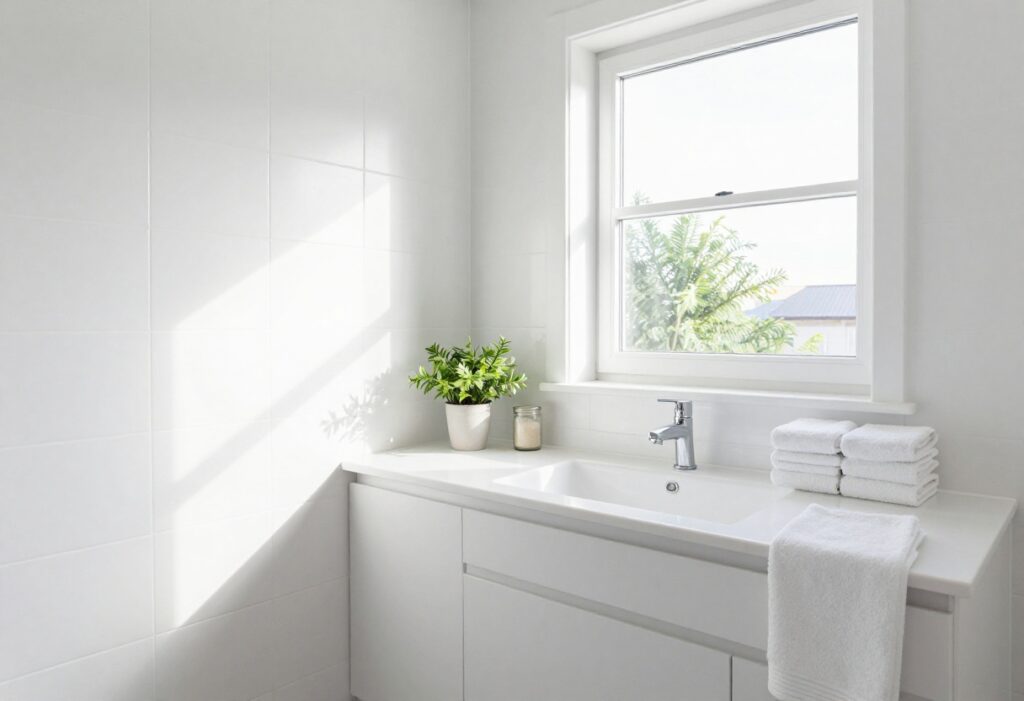 A clean, bright bathroom with white tiles, a vanity, and neatly folded towels