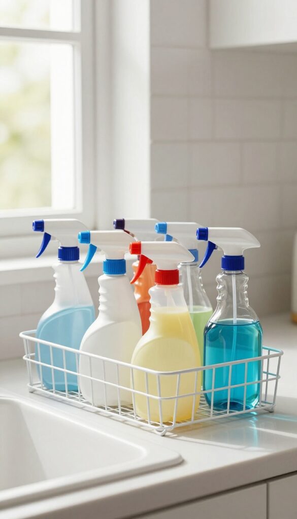 A wire magazine holder used to organize spray bottles under a sink, sideways orientation for easy access.