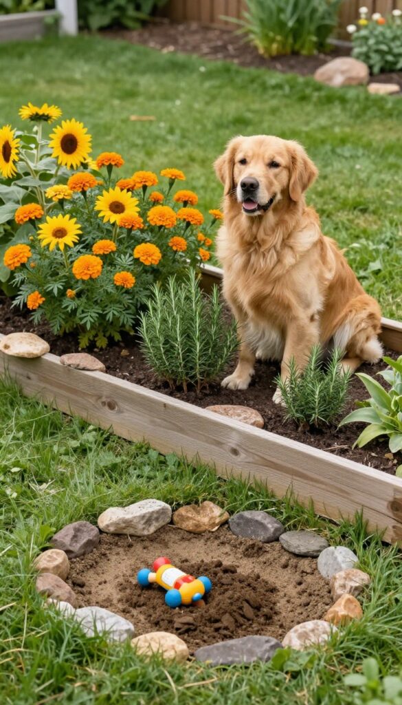 Dog-friendly garden with safe plants, raised beds, and a designated dig zone for dogs