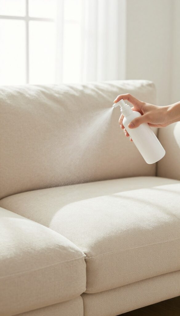 Person spraying vodka and water mixture onto a beige fabric couch to freshen upholstery