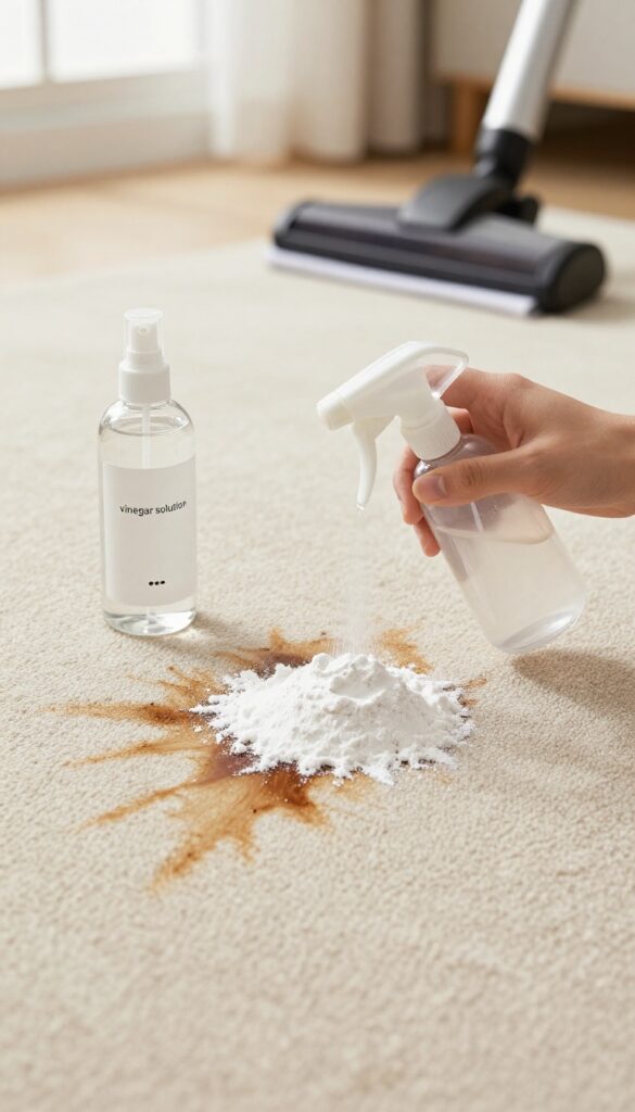 Close-up of a carpet with a coffee stain being treated with vinegar spray and baking soda, with cleaning tools nearby.