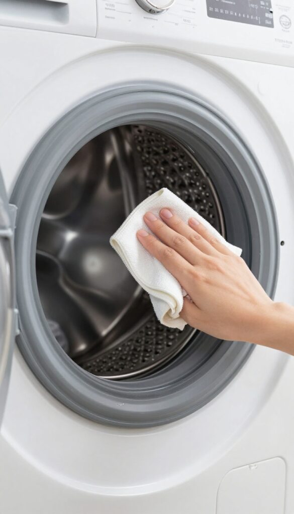 Hand wiping the rubber door gasket of a front-loading washer with a microfiber cloth.