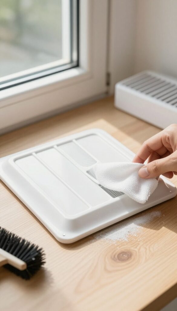 Person holding a clean white vent cover near a window with cleaning tools on a wooden table