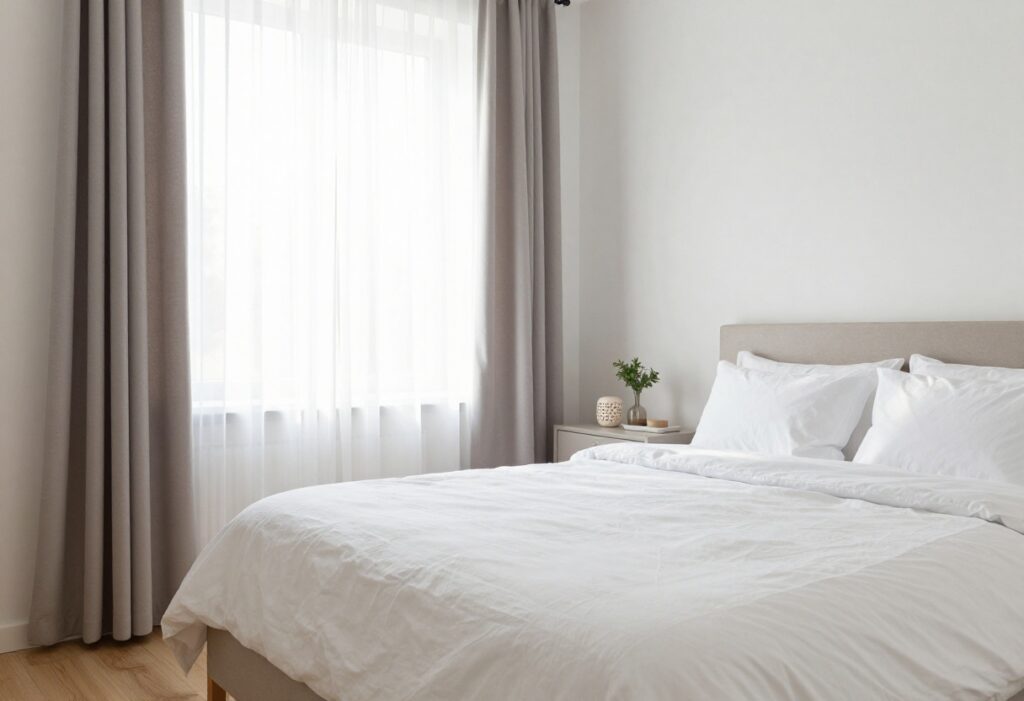 A clean and organized bedroom with a made bed and soft lighting, evoking a sense of calm and motivation.