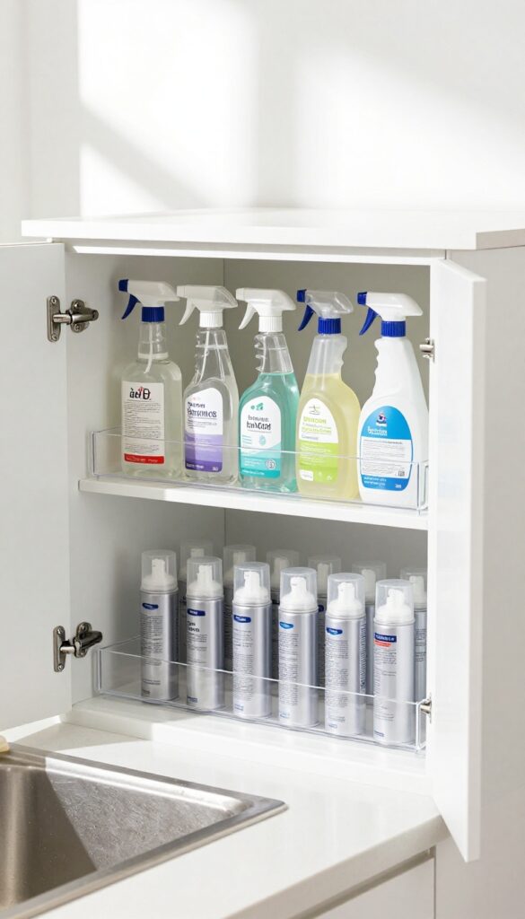Cleaning cabinet organized with clear acrylic risers holding spray bottles and aerosol cans in two tiers
