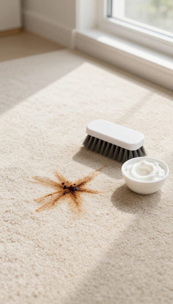 Borax and vinegar paste being applied to a coffee stain on a beige carpet with a soft brush, natural light.