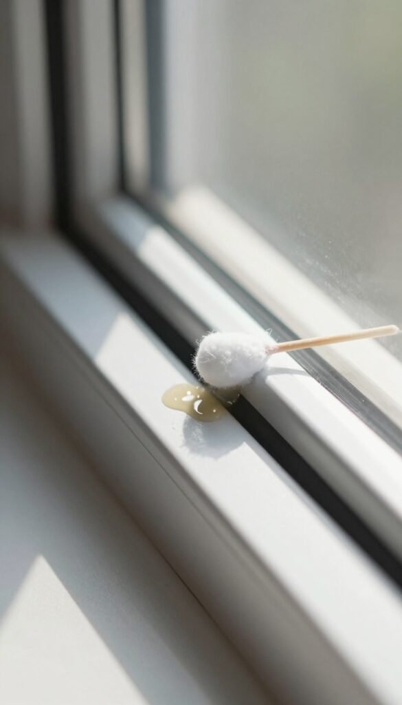 Cleaning sticky residue from window track with rubbing alcohol and cotton swab