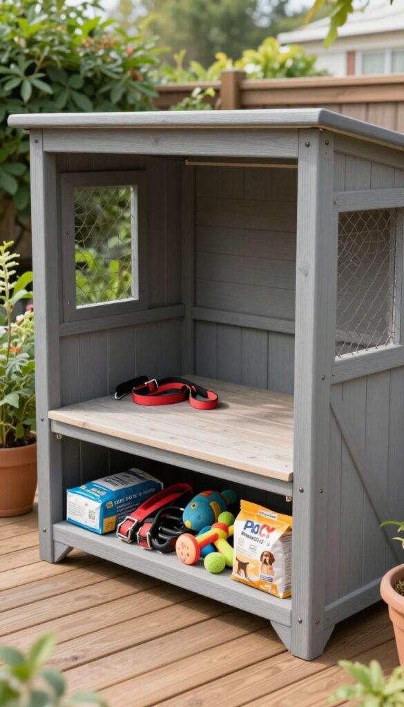 Multi-function dog kennel with storage bench in a small sunny backyard