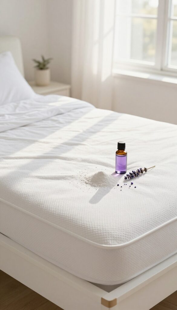 White bed with baking soda and lavender essential oil on mattress, sunlight streaming in