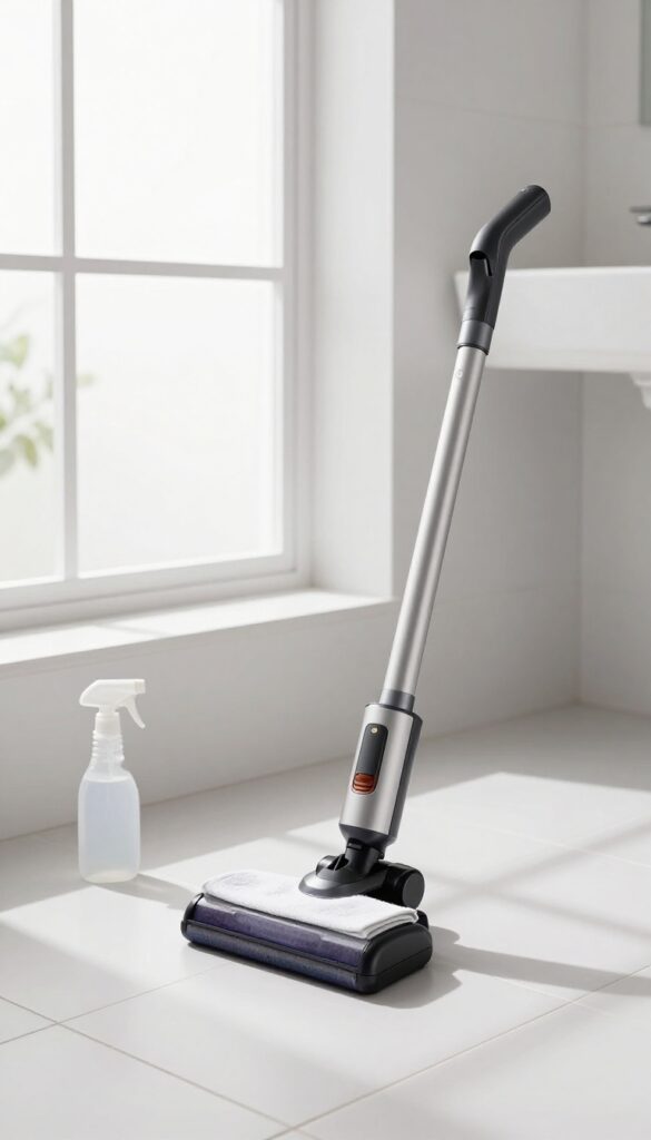 Bathroom floor cleaning tools: cordless vacuum, microfiber cloth, and spray bottle on clean white tiles