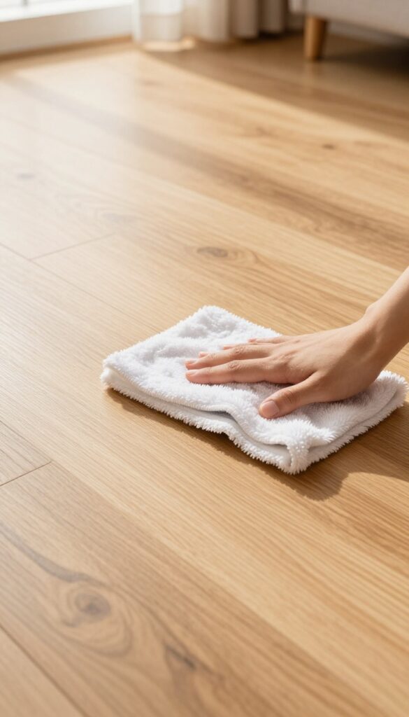 Person dry dusting laminate wood floor with a microfiber mop in a bright, clean living room
