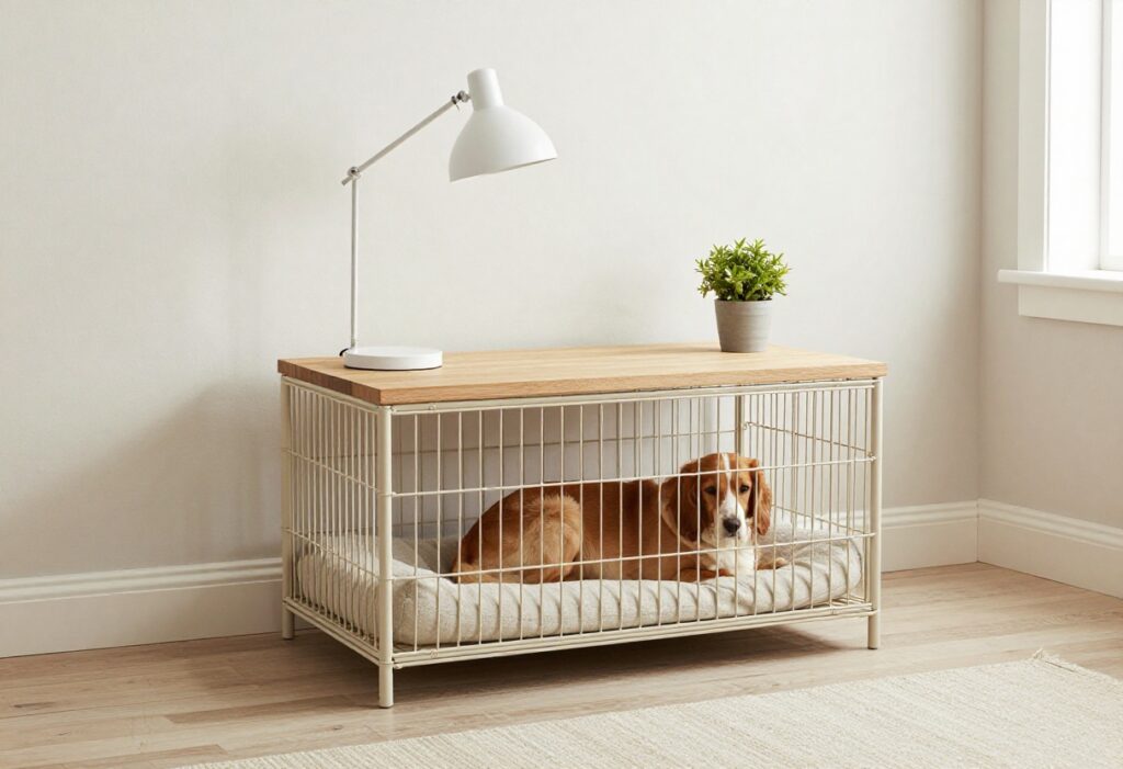 Dog crate end table in a living room with lamp and plant