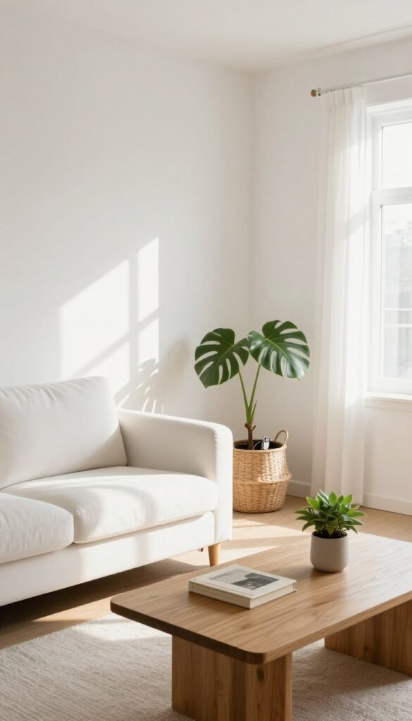 A clean, organized living room with a drop zone basket by the door, demonstrating the habit of putting things away immediately.