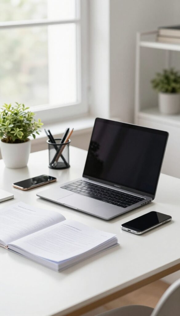 A tidy desk with a laptop, smartphone, scanner, and a small stack of papers, bathed in natural light.