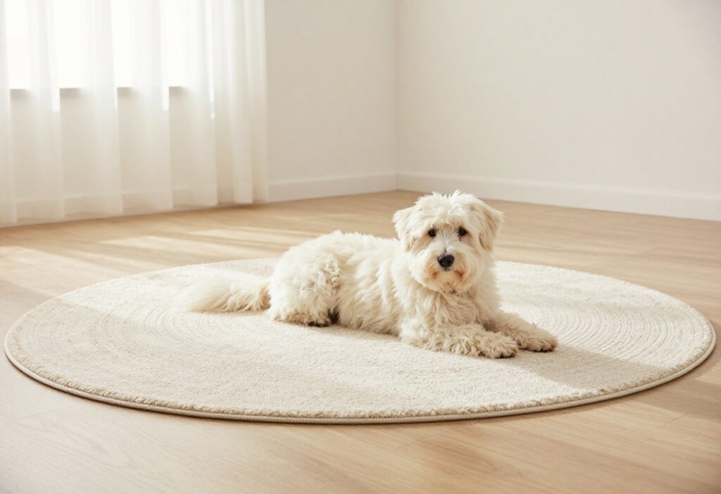 Dog lying on a clean, fluffy rug in a living room
