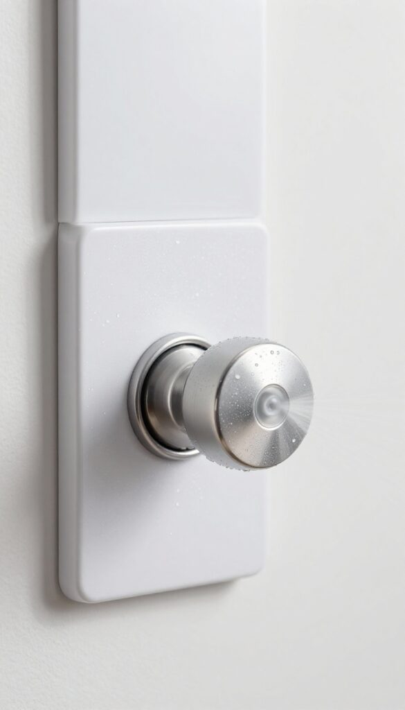 Close-up of a doorknob and light switch being disinfected with spray, clean and bright.