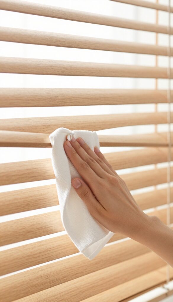 Cleaning the cords of faux wood blinds with a damp cloth