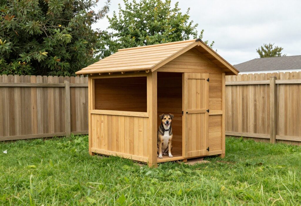 DIY dog kennel in backyard with dog sitting inside