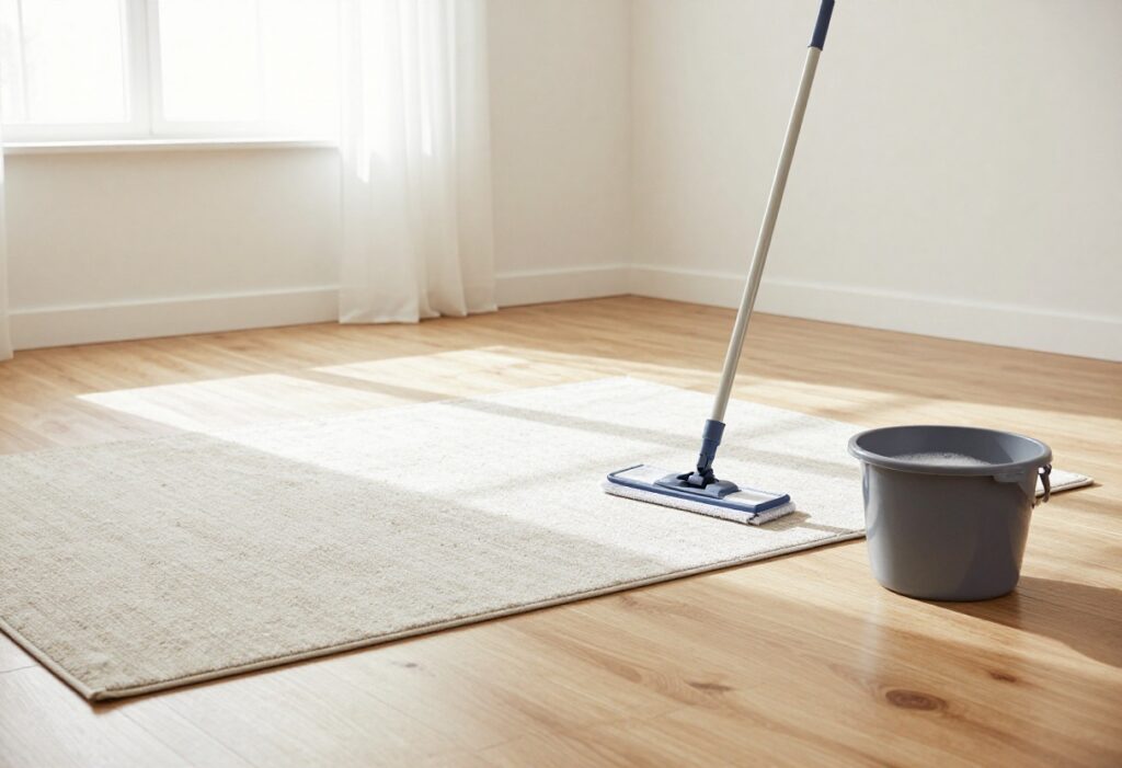 Clean hardwood floor with a mop and bucket in a sunlit room