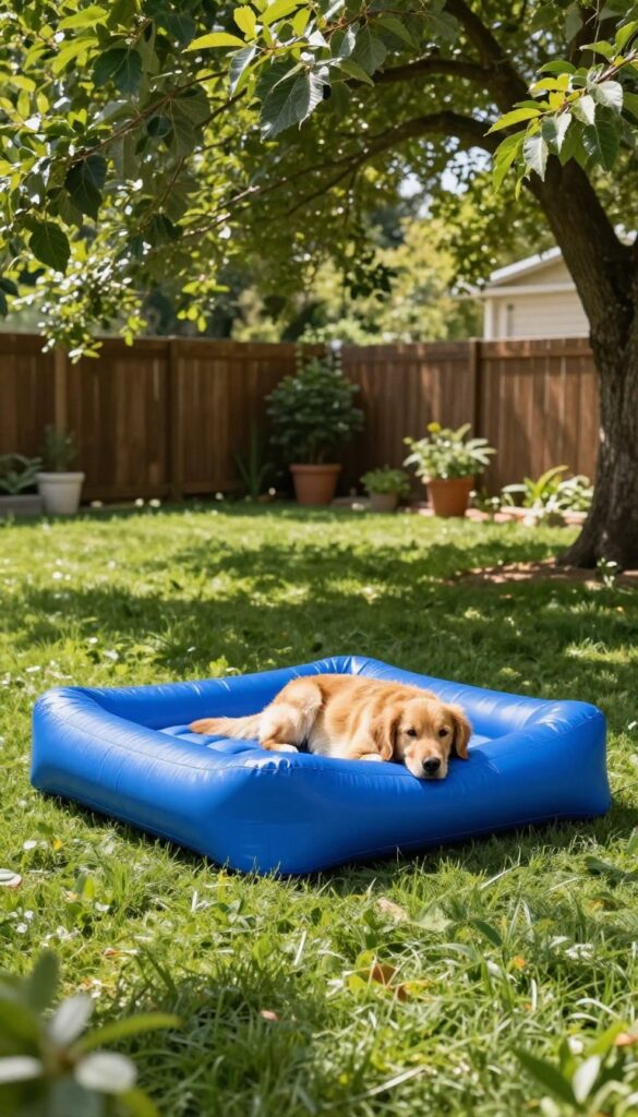 Golden retriever resting on a blue inflatable travel dog bed in a shady backyard with grass and trees