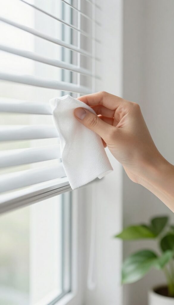 Person using a dryer sheet to clean horizontal blinds in a bright room