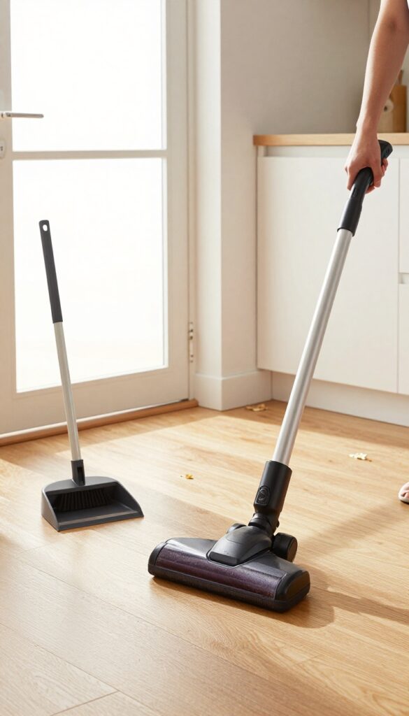 Person sweeping a kitchen floor with a cordless stick vacuum, bright natural light, clean and organized home