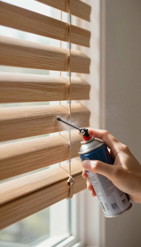 Person using compressed air to clean dust from between faux wood blind slats in a sunlit room