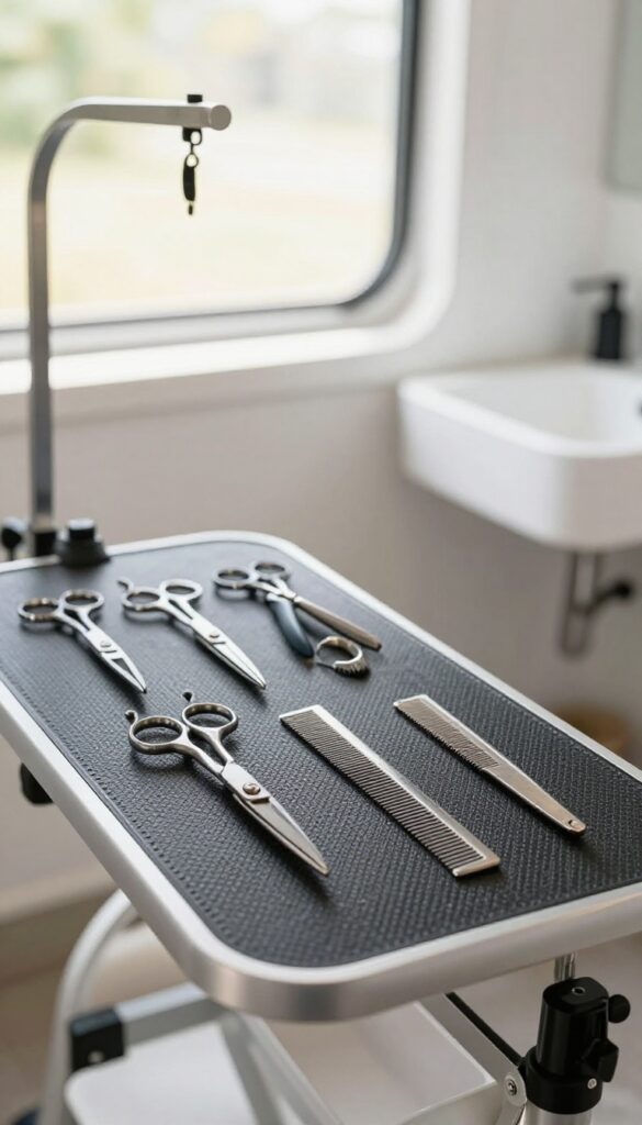 Magnetic strip mounted inside a cabinet door holding metal dog grooming tools in a mobile van