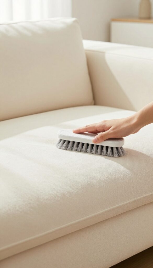 Hand brushing microfiber couch fabric with soft brush to restore plush texture