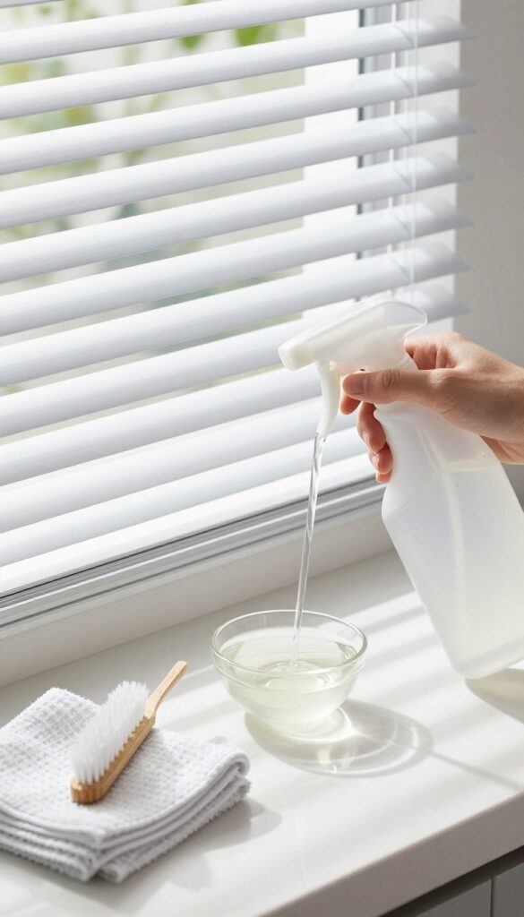 Kitchen blinds being cleaned with vinegar solution, showing a spray bottle and microfiber cloth in bright natural light