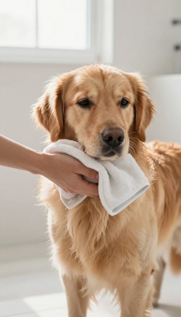 Person drying a golden retriever with a microfiber towel in a bright bathroom after a bath