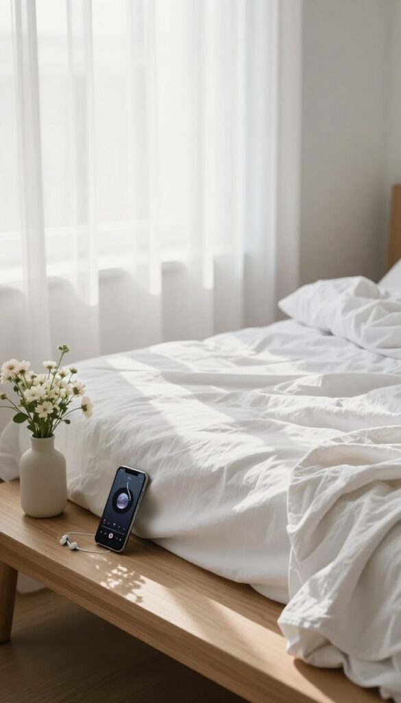 A bedroom folding station with a smartphone playing a podcast next to a pile of folded laundry, bathed in natural light.