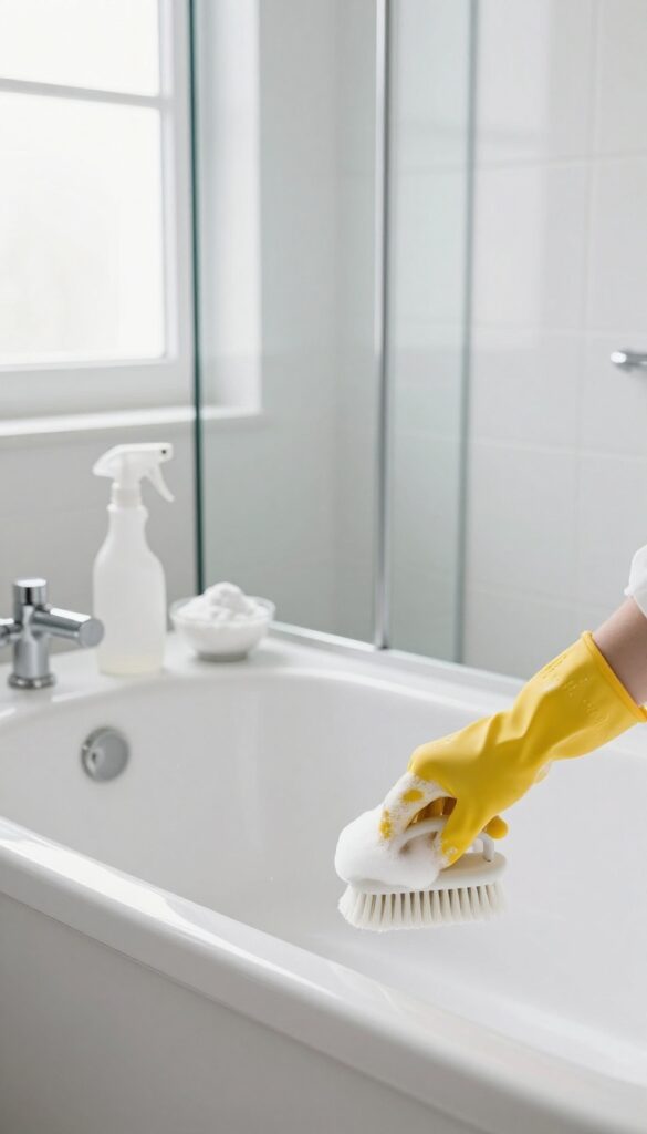 Person scrubbing a bathtub with a brush and foam, bright bathroom with natural light