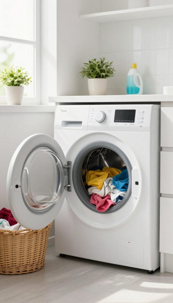Laundry room with open washing machine and clothes inside, bright natural light, clean and organized.