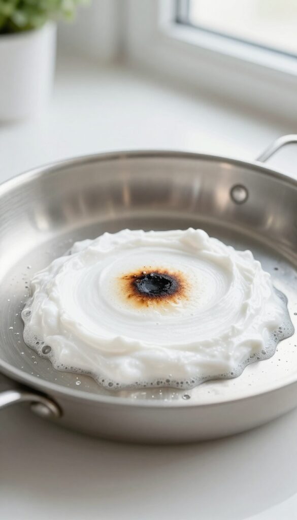 Aspirin paste fizzing on a scorched stainless steel pan