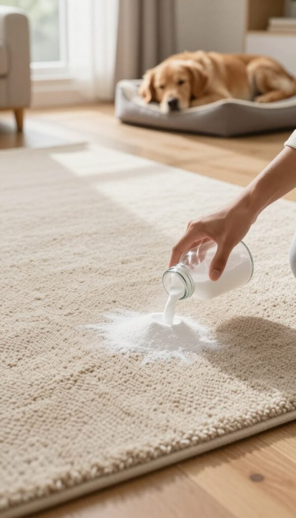 Sprinkling baking soda on a rug for pet odor removal