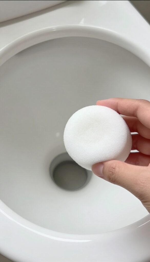 Hand using a white melamine sponge to rub a hard water ring in a toilet bowl