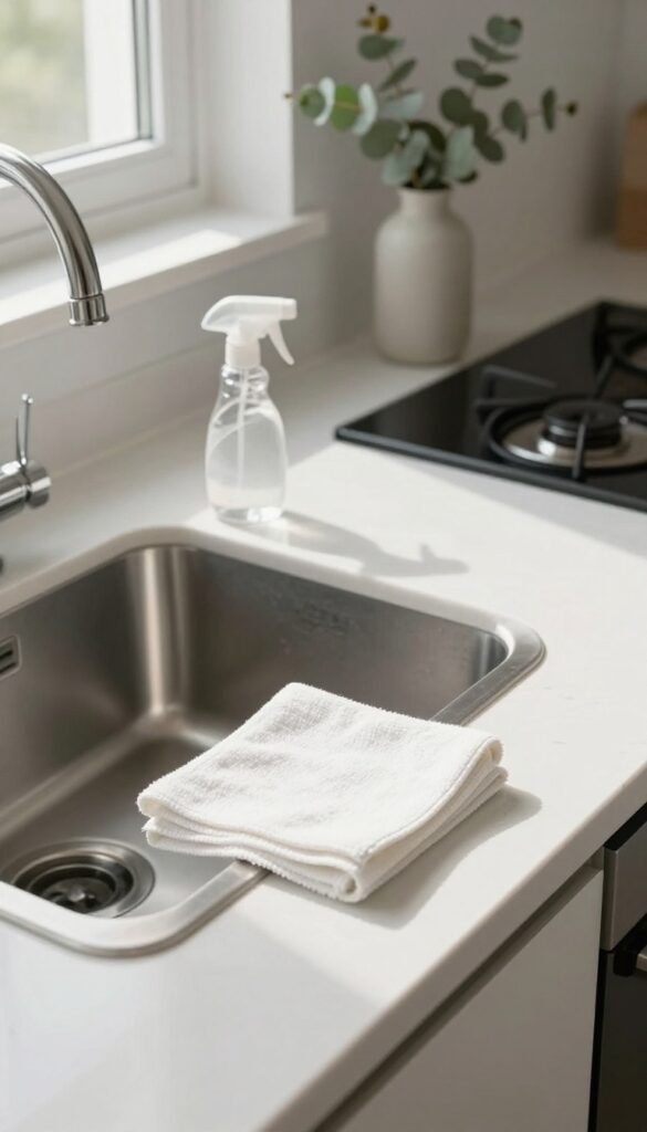 Clean kitchen counter with spray bottle and microfiber cloth after Monday reset
