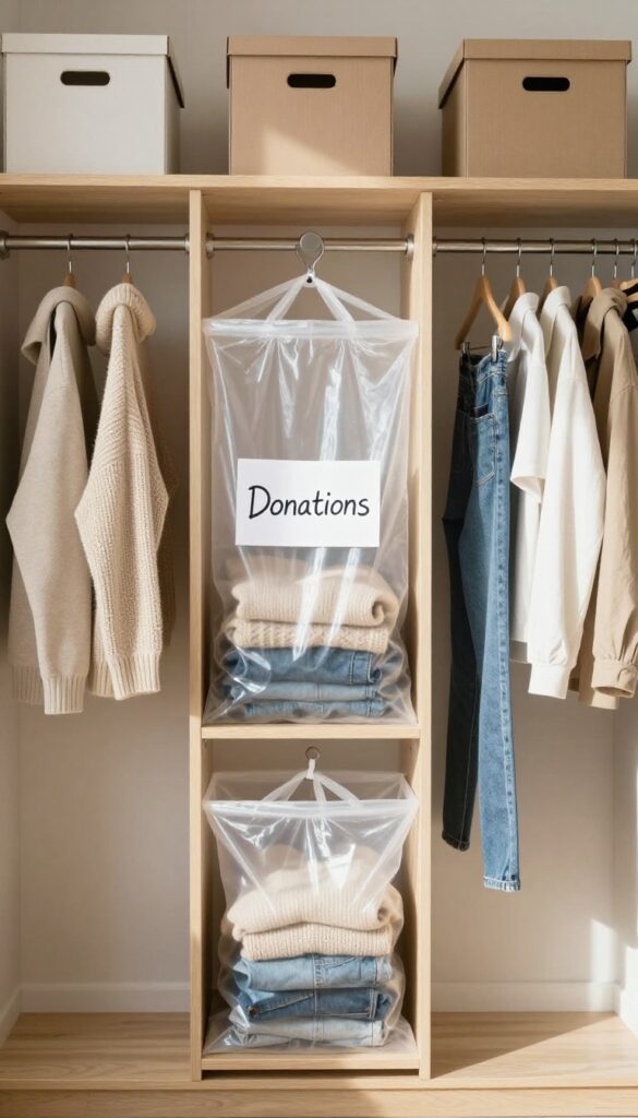 A clear trash bag for donations sits on a shelf in a bright, organized closet, with neatly folded clothes inside and a small 'Donations' sign nearby.