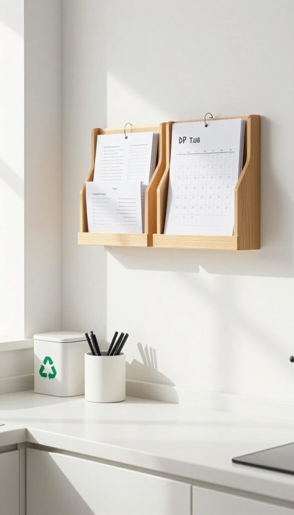 A well-organized command center for paper clutter on a kitchen counter, featuring a wall-mounted file organizer, a small desk, pen holder, trash bin, recycling bag, and a dry-erase calendar, all in bright natural light.