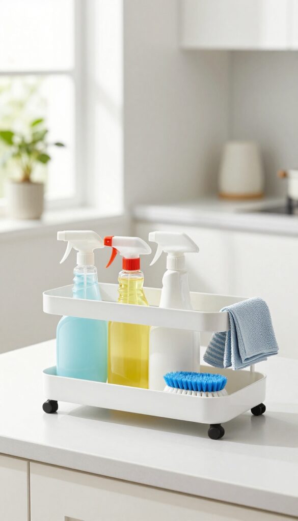 Cleaning caddy with organized supplies on a kitchen counter