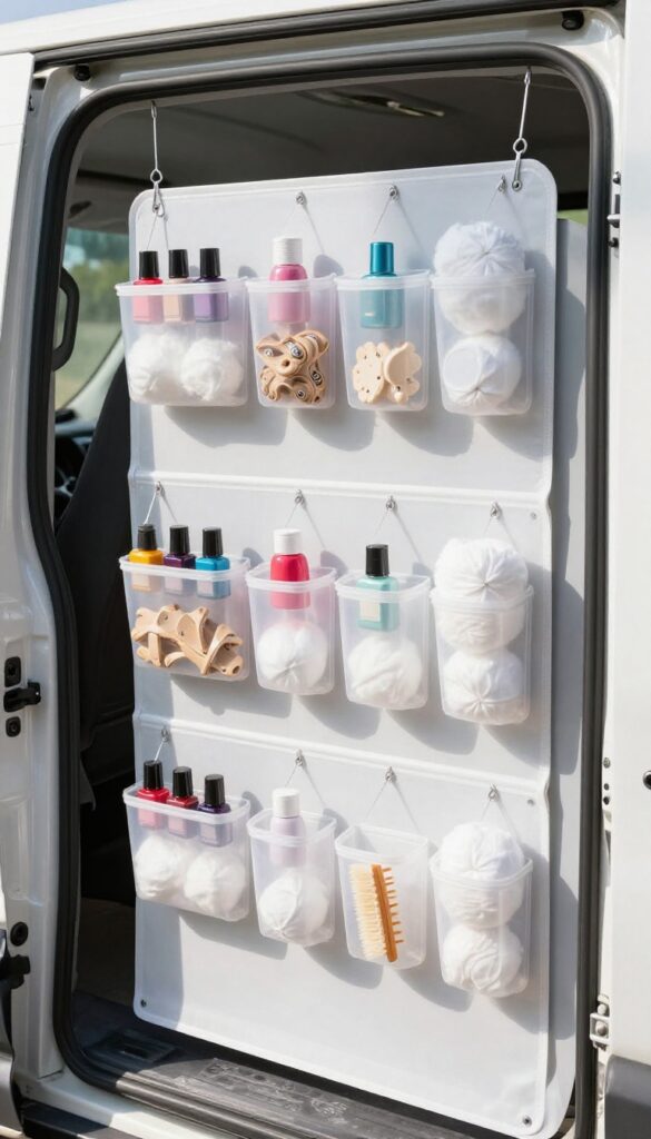 Clear hanging shoe organizer on van door filled with small dog grooming supplies