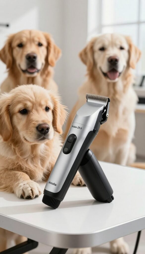 Andis Pulse ZR II cordless clipper on a grooming table with dog fur, bright natural light, photorealistic.